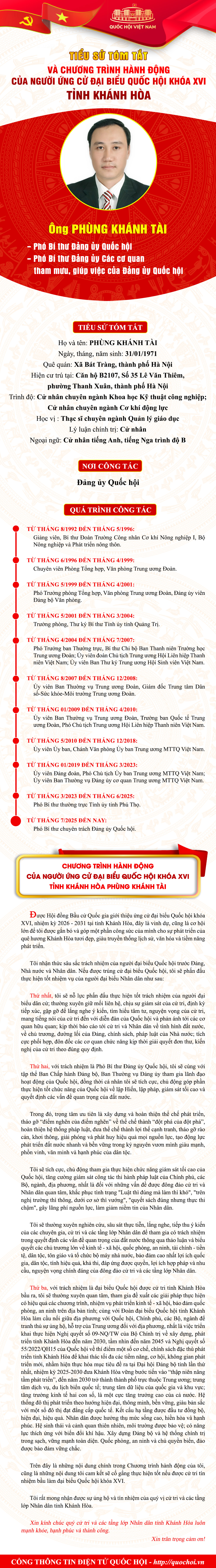 Tiểu sử tóm tắt và Chương trình hành động của Phó Bí thư Đảng ủy Quốc hội Phùng Khánh Tài