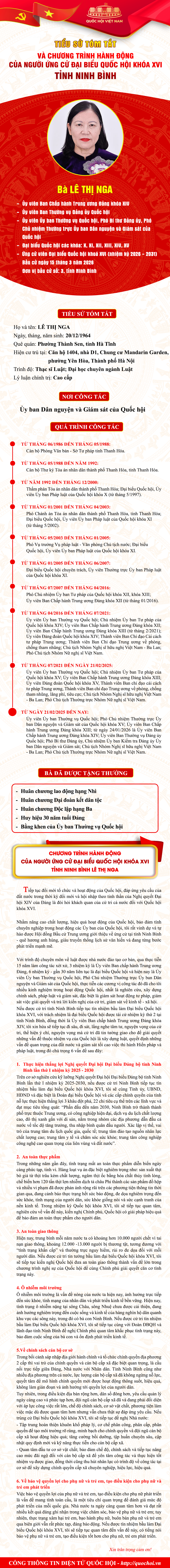 Tiểu sử tóm tắt và Chương trình hành động của Phó Chủ nhiệm Thường trực Ủy ban Dân nguyện và Giám sát của Quốc hội Lê Thị Nga
